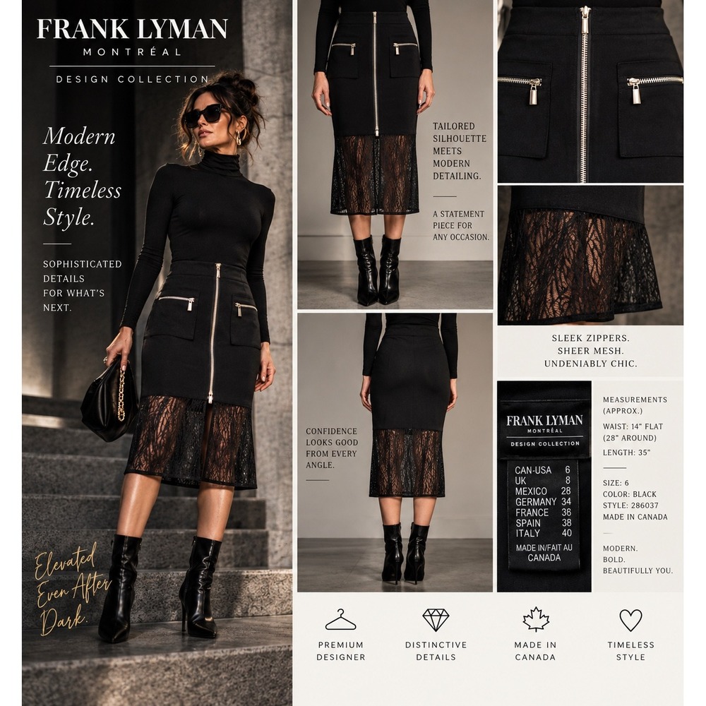 Frank Lyman Montreal Skirt Women 6 Black Sheer Mesh Maxi Exposed Zip 286037